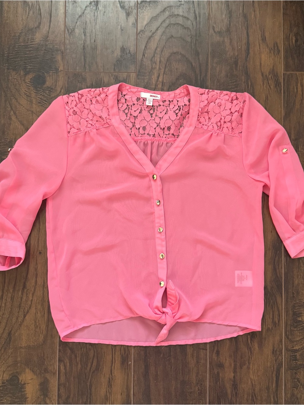 Bongo Pink Large Sheer Lace Back Tie Front Blouse